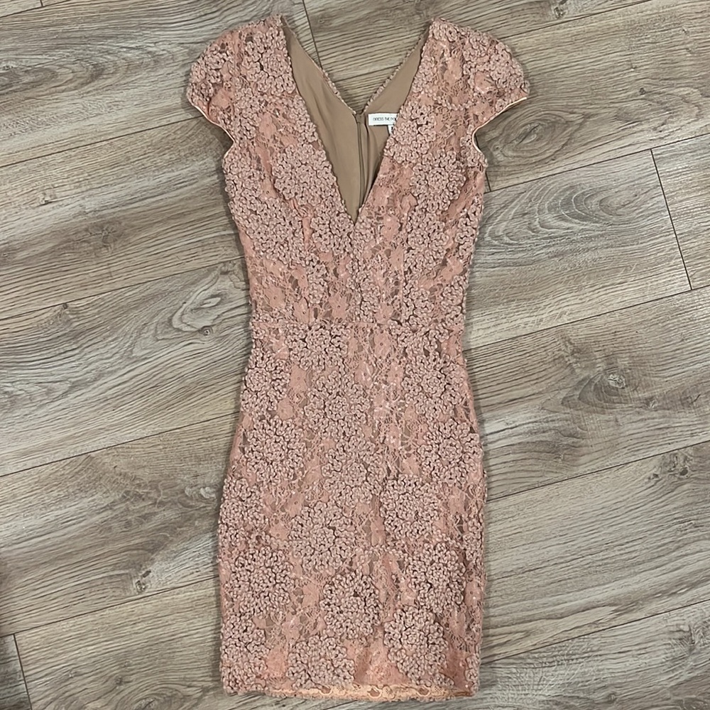 Lace and sequined embellished dusty pink mini dress.